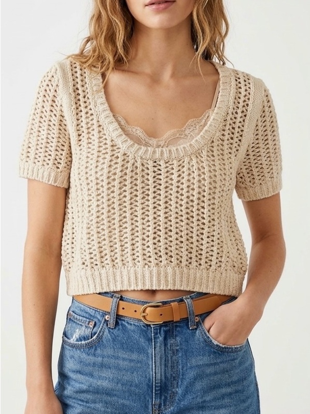 Free People School Boy Open Knit Crop Top Sweater XS Ivory Taupe Coastal Boho